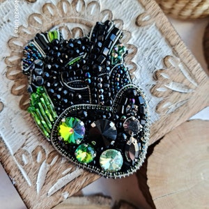 Unique Gothic Black Anatomical Heart Bead Brooch Crystal-Embroidered Statement Jewelry image 4