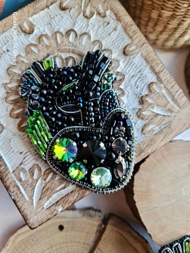 Unique Gothic Black Anatomical Heart Bead Brooch Crystal-Embroidered Statement Jewelry image 4