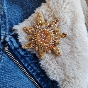 celestial brooch, golden sun pin, beaded jewelry,   gift for space lover