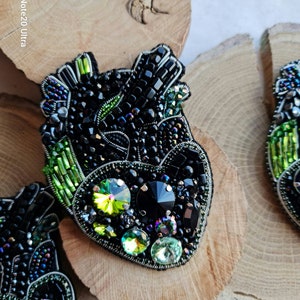 Unique Gothic Black Anatomical Heart Bead Brooch Crystal-Embroidered Statement Jewelry image 5