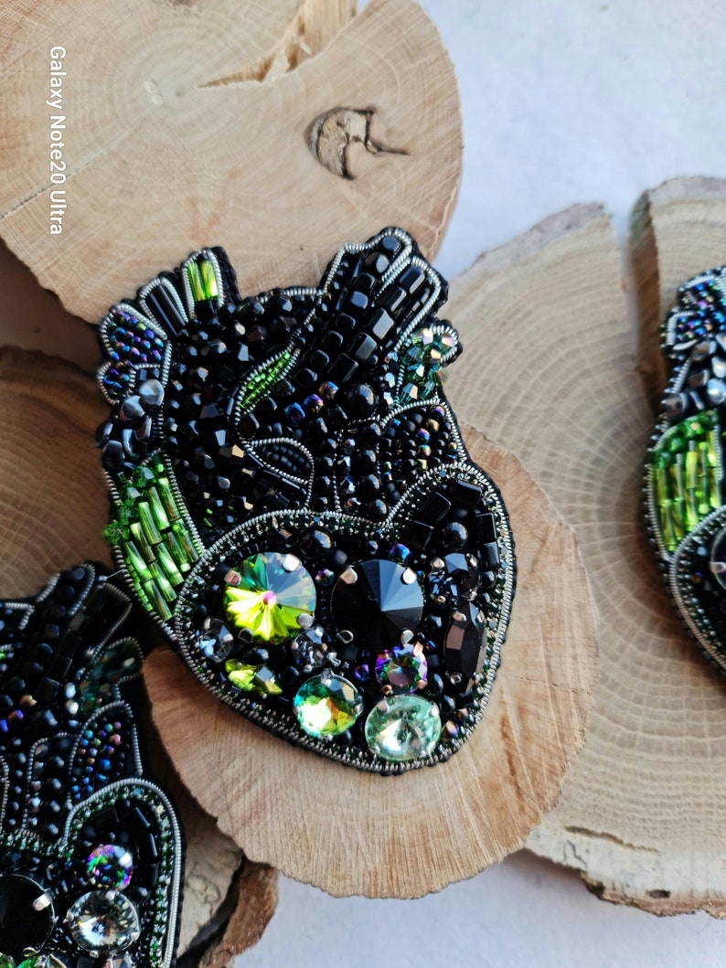 Unique Gothic Black Anatomical Heart Bead Brooch Crystal-Embroidered Statement Jewelry image 5