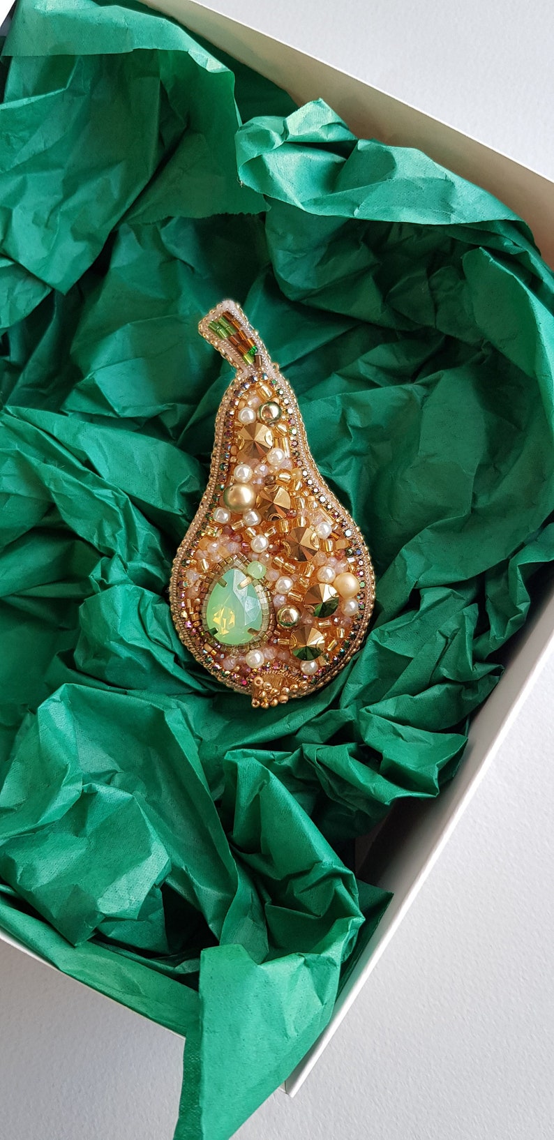 Pear beaded brooch, Plant fruit pin, Botanical jewelry image 1
