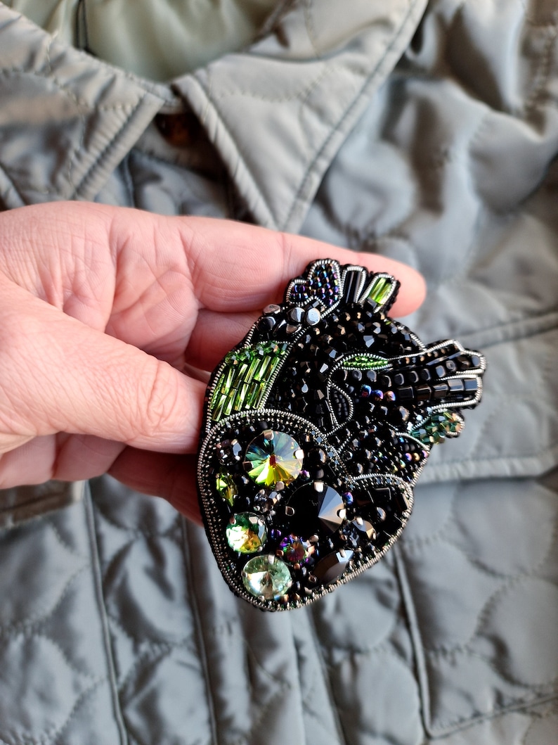 Unique Gothic Black Anatomical Heart Bead Brooch Crystal-Embroidered Statement Jewelry image 1