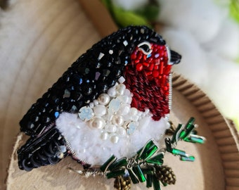 Broche broderie oiseau, broches robin de noël pour femme
