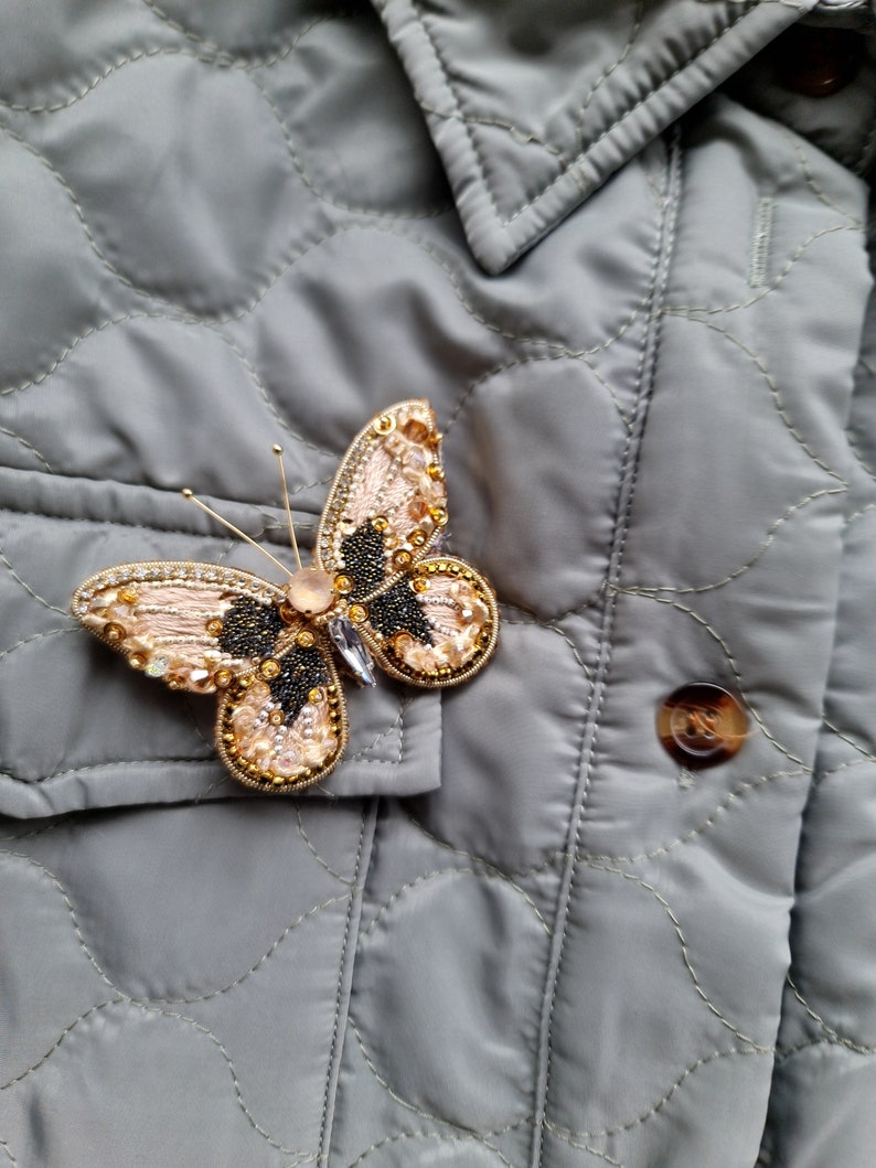 Golden Beige Butterfly Elegance Brooch Sparkling Insect Scarf Pin image 4