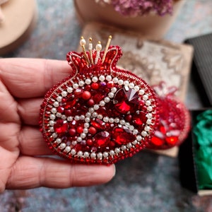 Pomegranate Beaded Brooch, Fruit Embroidery Pin image 1