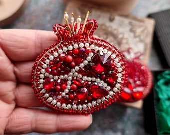 Pomegranate Beaded Brooch, Fruit Embroidery Pin