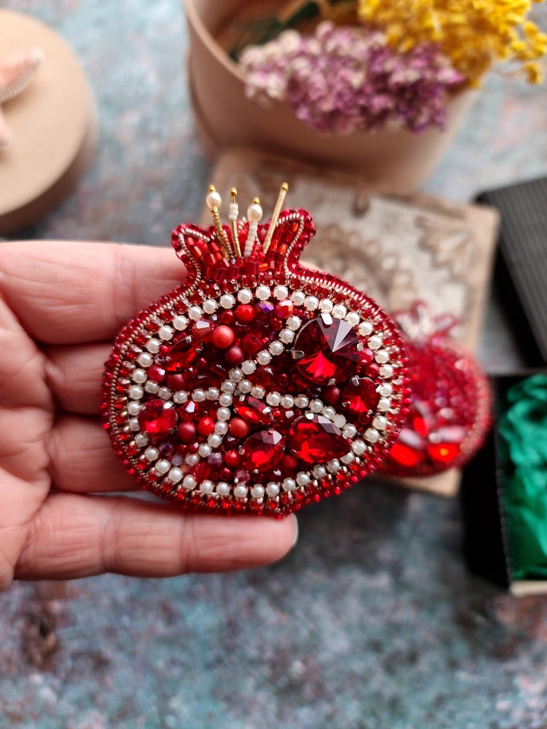 Pomegranate Beaded Brooch, Fruit Embroidery Pin image 1