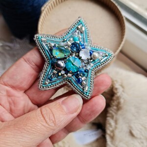 Star bead brooch, christmas pin and brooch, christmas gift for her blue star