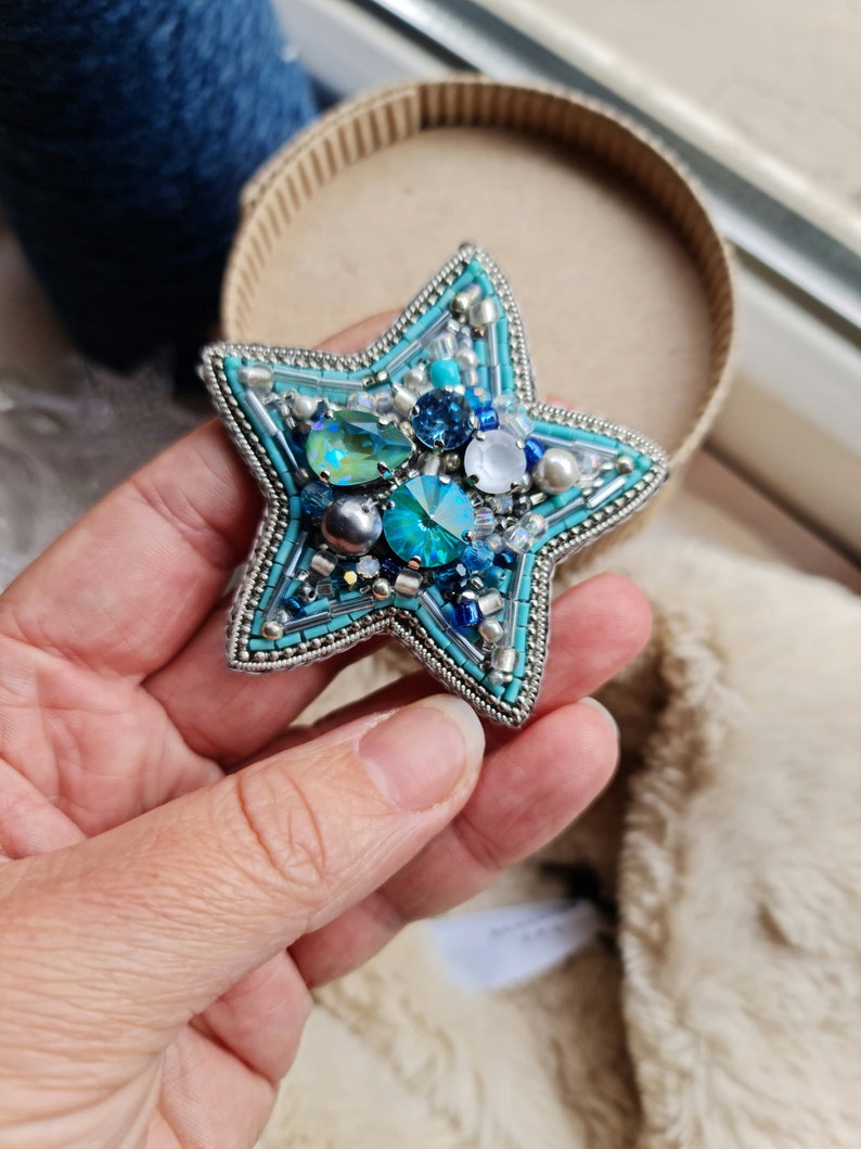 Star bead brooch, christmas pin and brooch, christmas gift for her blue star
