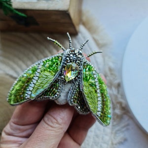 Mystic Green Moth Beaded Brooch: Insect Jewelry, Nature Lover Gift, Unique Lapel Pin Brooch green moth