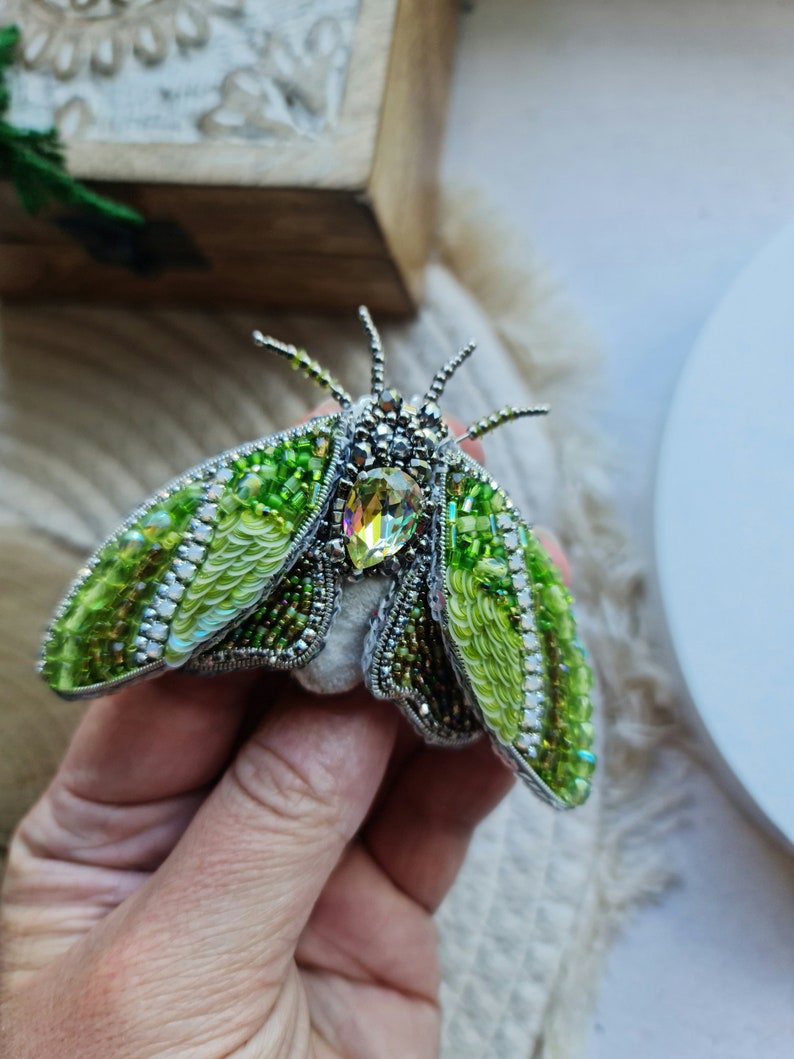 Mystic Green Moth Beaded Brooch: Insect Jewelry, Nature Lover Gift, Unique Lapel Pin Brooch green moth