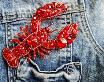 Lobster Beaded Brooch, Unique gifts for her, Beach jewelry