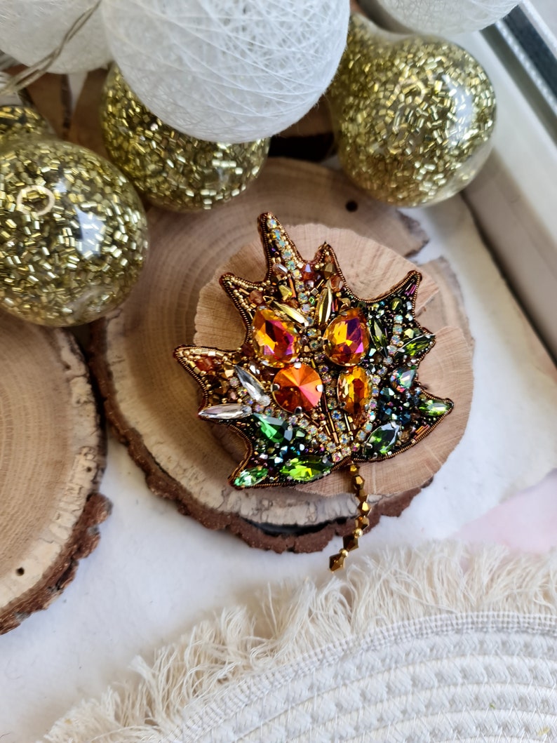 Golden Winter Wonderland Leaf Brooch Sparkling Maple Leaf Pin for Christmas image 3