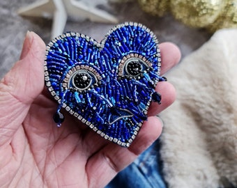 Heart Beaded Brooch, Embroidered Blue Heart, Brooch Evil Eye, Couples gift for boyfriend