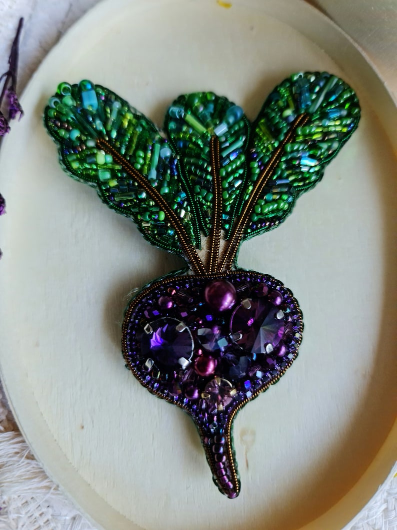 Purple beet pin, Garden Beaded brooch, Christmas gift for brother image 2