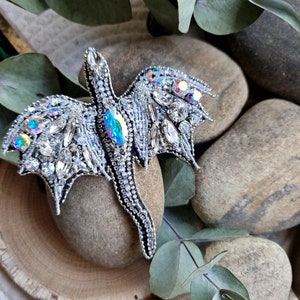 White Dragon Delight Brooch - Embroidered Beaded Dragon Pin, Handcrafted Dragon Jewelry