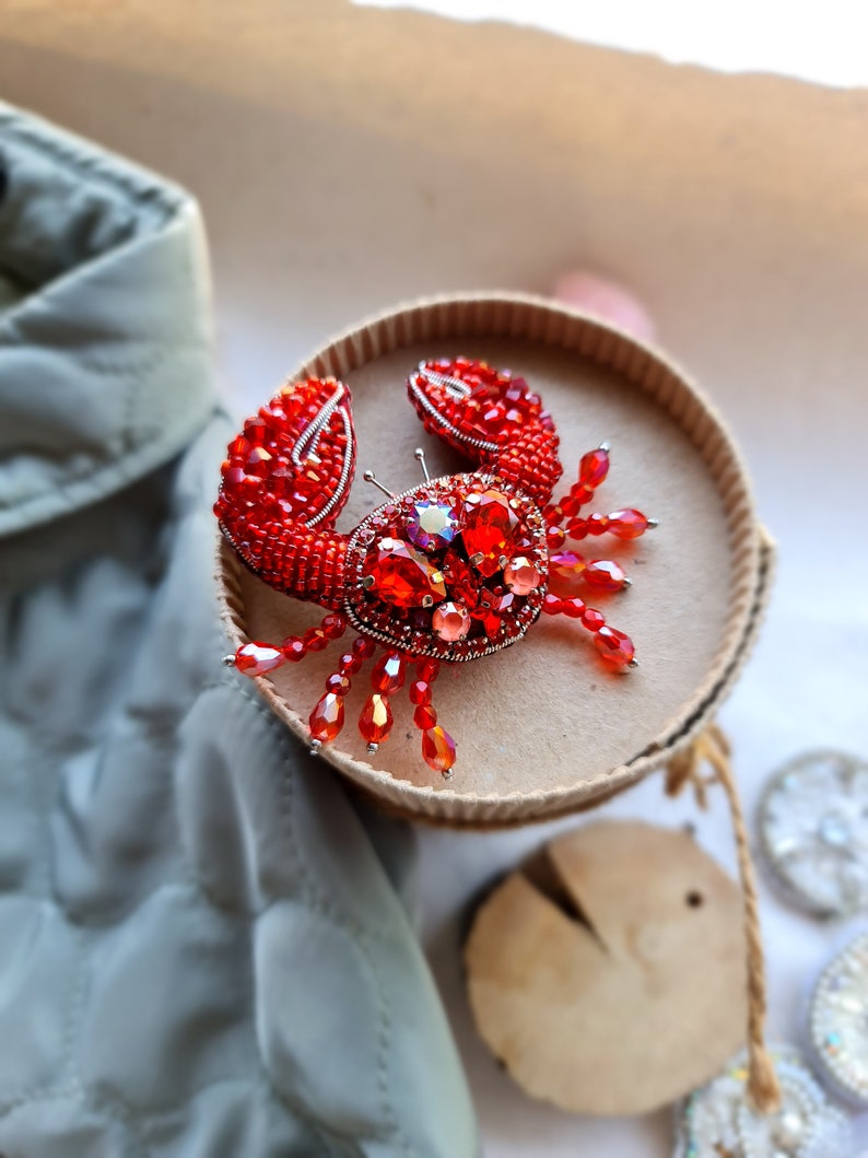 Seaside Treasures: Handmade Crab Beaded Brooch Pin Cancer Zodiac Gifts image 3