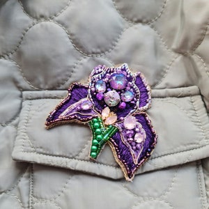 Purple Iris Brooch: Handmade Floral Embroidered Pin for Women Unique Gift image 6