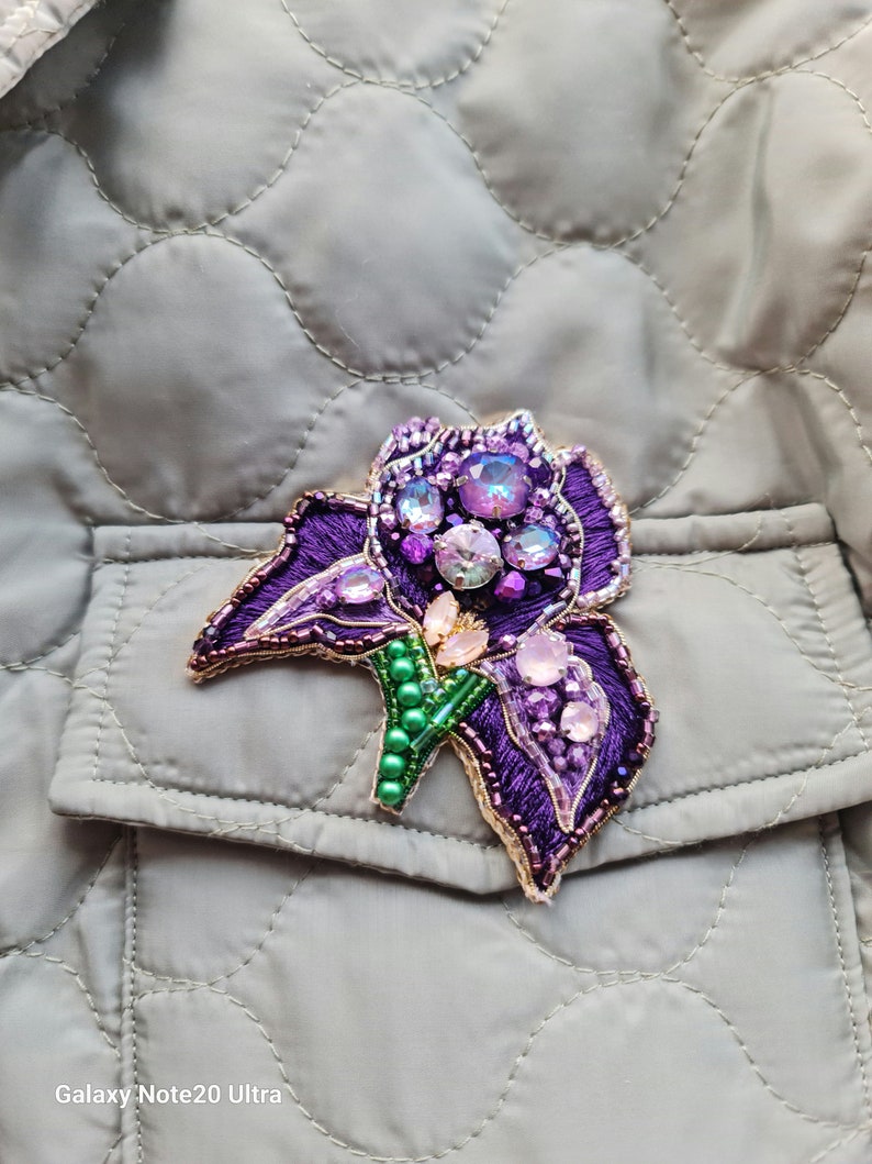 Purple Iris Brooch: Handmade Floral Embroidered Pin for Women Unique Gift image 6