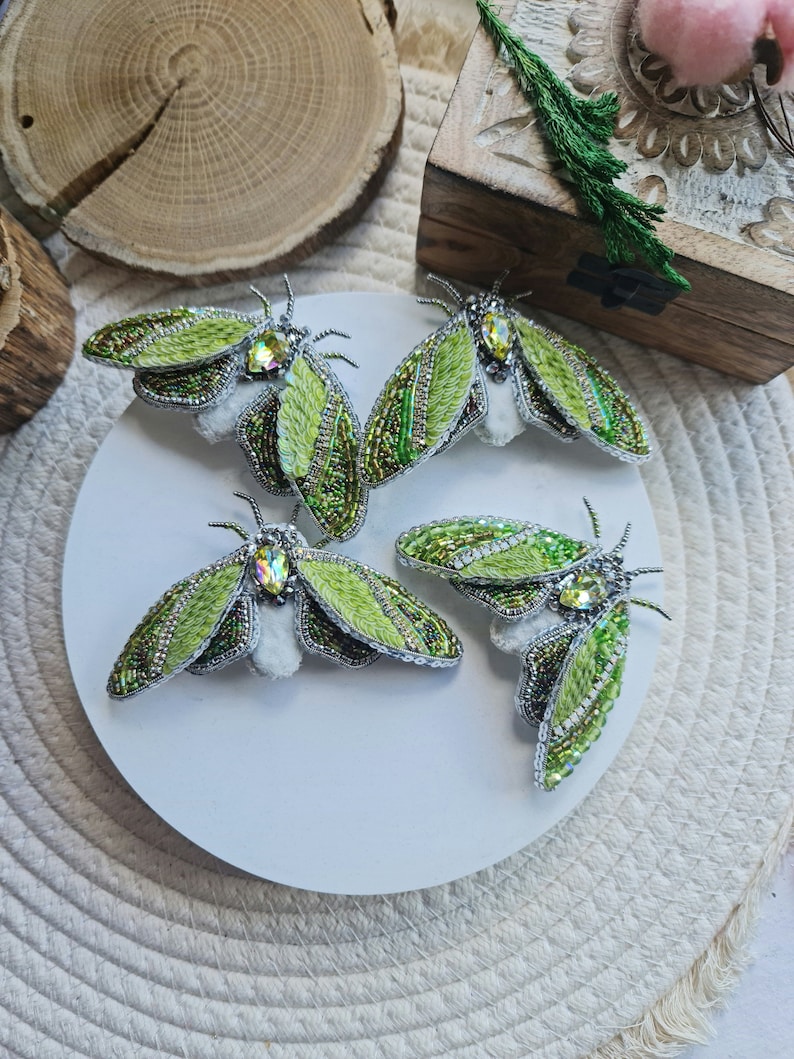 Mystic Green Moth Beaded Brooch: Insect Jewelry, Nature Lover Gift, Unique Lapel Pin Brooch 4 mothes