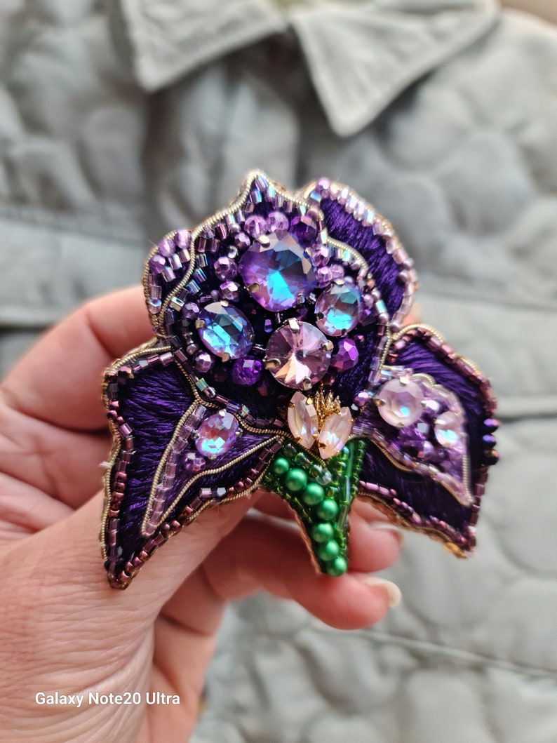 Purple Iris Brooch: Handmade Floral Embroidered Pin for Women Unique Gift image 7