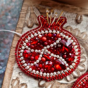 Pomegranate Plant Brooch, Beaded Botanical Pin, Crystal Fruit Patch, Statement Lapel Jewelry