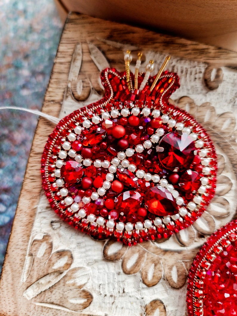 Pomegranate Beaded Brooch, Fruit Embroidery Pin image 2