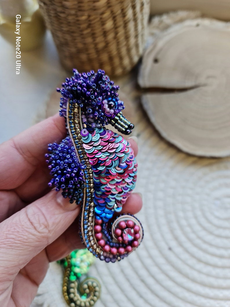 Green Seahorse brooch, Nautical brooch, Seahorse pin, Summer jewelry Purple
