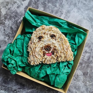 Custom Labradoodle Portrait Brooch – Handmade Beaded Dog Pin Gift
