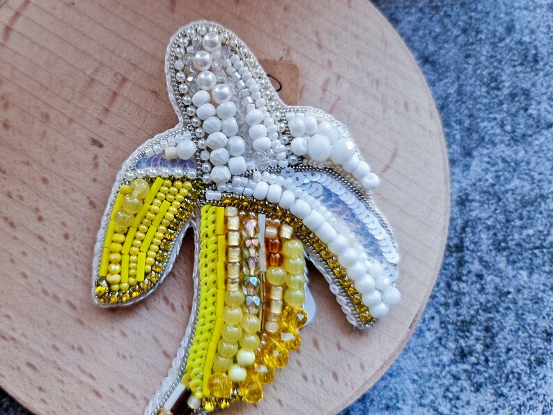 Cheerful Banana Beaded Brooch: Funny Fruit Pin Kawaii Jewelry Embroidered with Crystals and Various Beads image 2