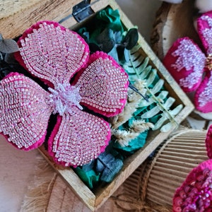 Pink Flower Beaded Brooch, Unique Gift for Her, best holiday gift, Velvet crystal flower, four leaf flower image 7