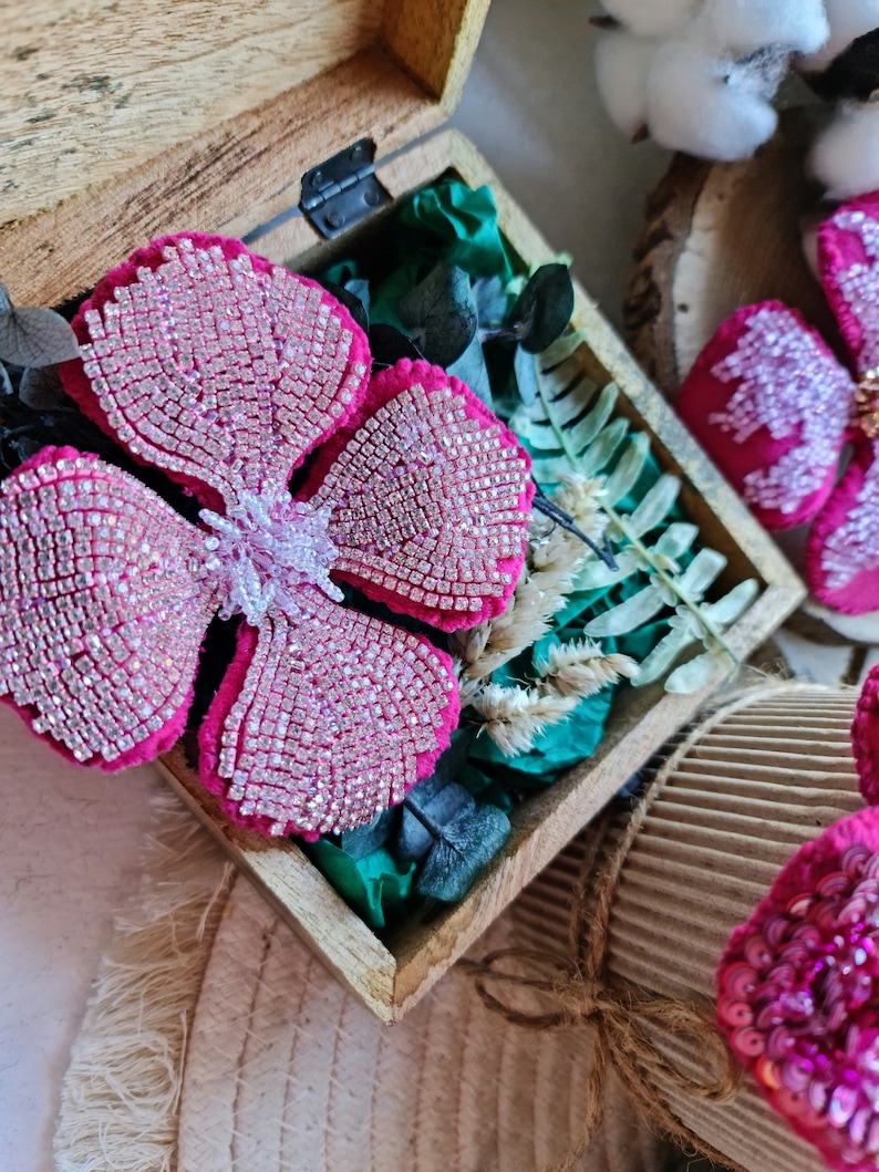 Pink Flower Beaded Brooch, Unique Gift for Her, best holiday gift, Velvet crystal flower, four leaf flower image 7