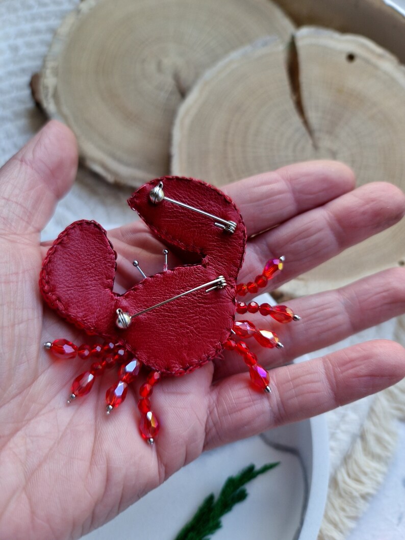 Seaside Treasures: Handmade Crab Beaded Brooch Pin Cancer Zodiac Gifts image 6