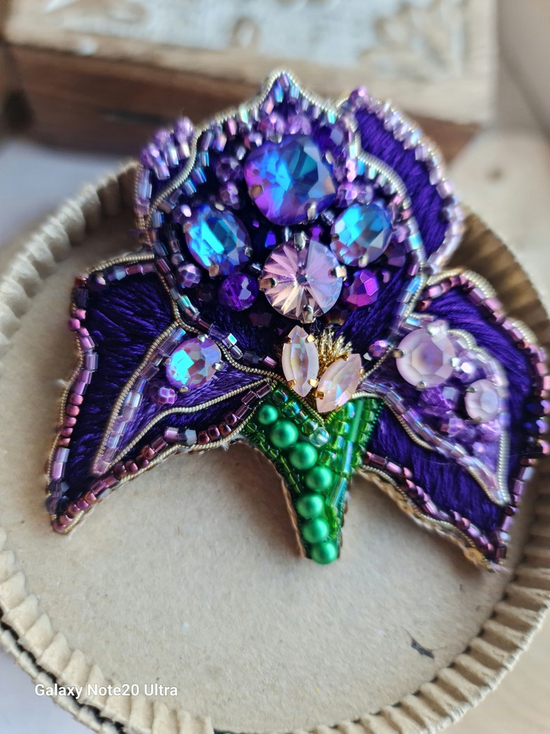 Purple iris brooch, unique gifts for her image 1