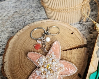 Pink Beaded Starfish Keychain: Ocean Charm, Coastal Bag Accessory