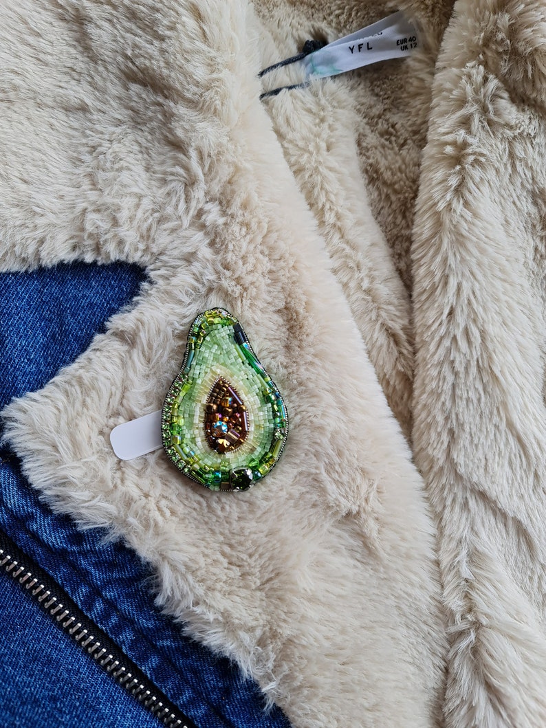 avocado green beaded brooch, foodie gift, nature jewelry image 7