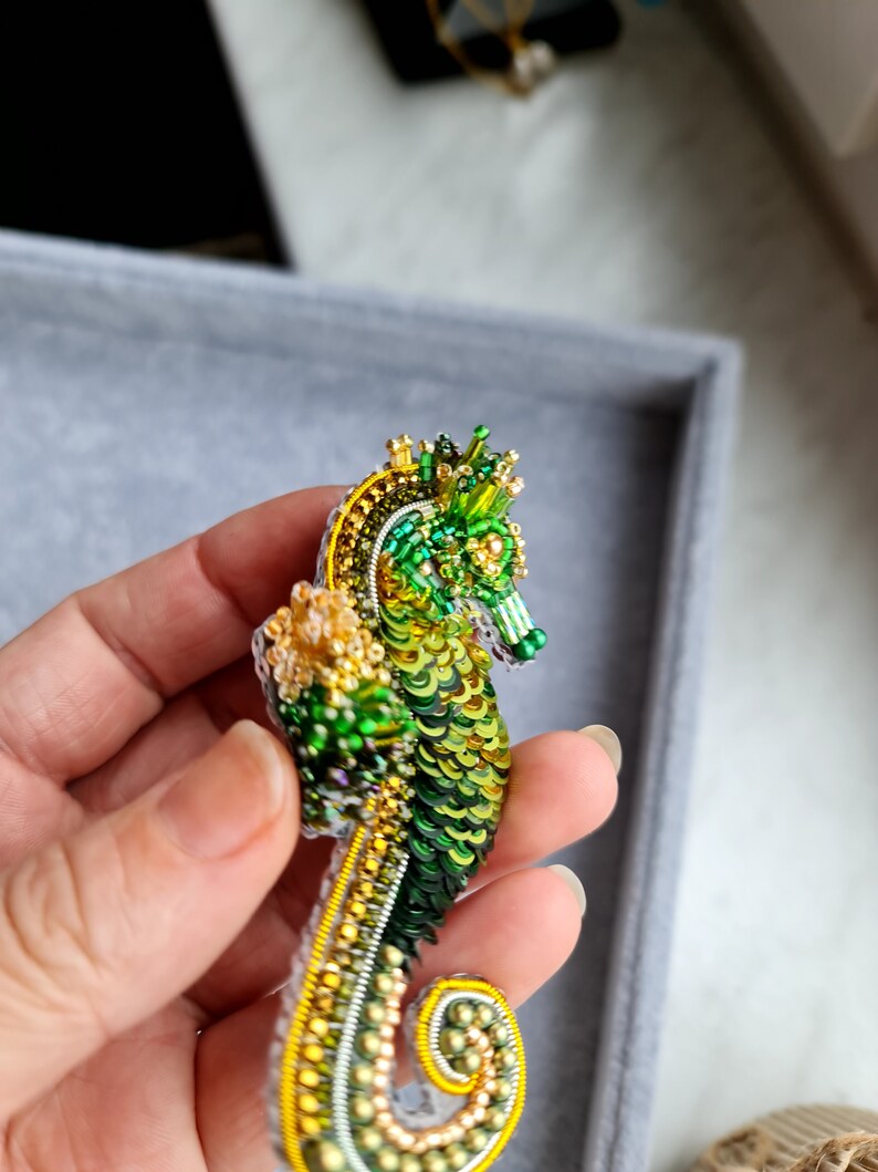 Green Seahorse brooch, Nautical brooch, Seahorse pin, Summer jewelry image 8