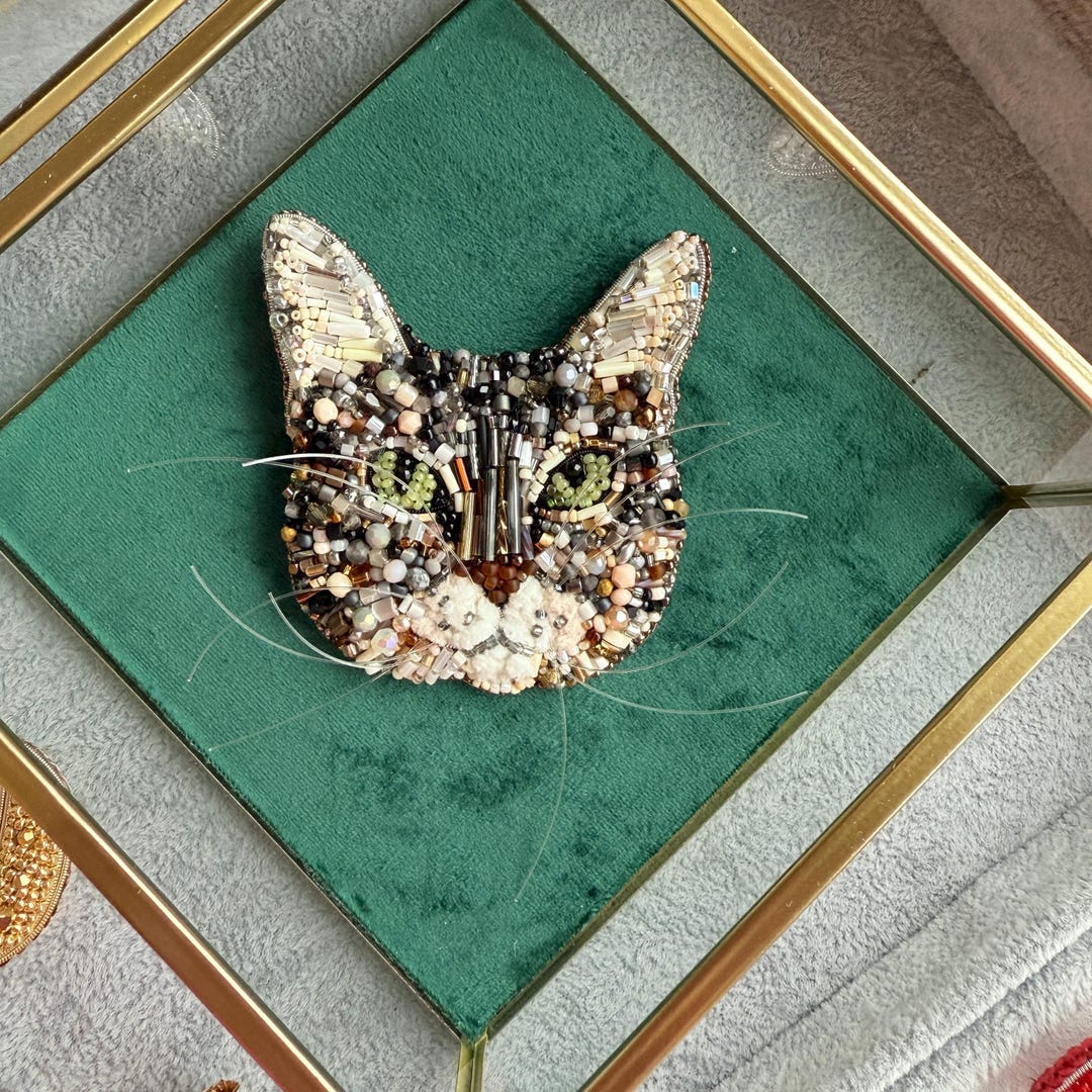 Beaded Cat Portrait Brooch, Custom Cat Jewelry From Photo, Handmade Pet ...