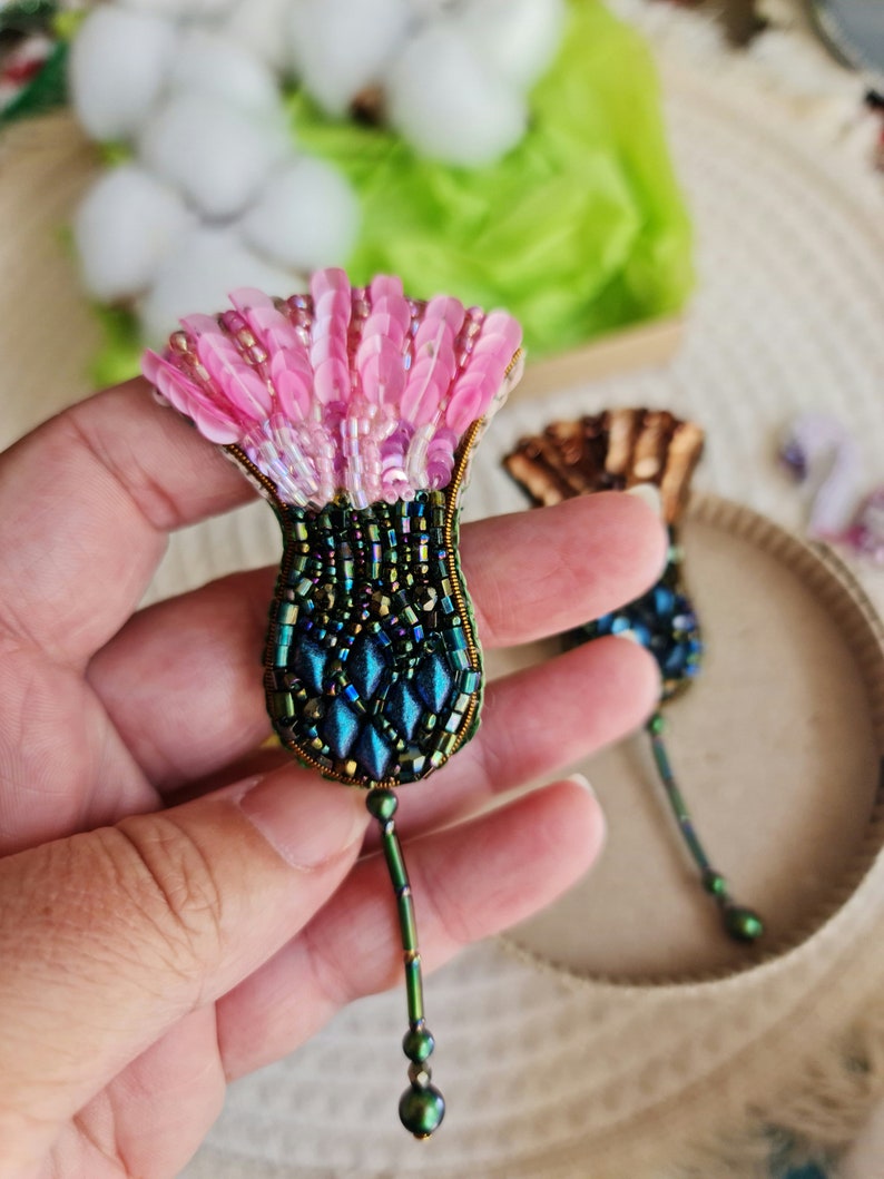 thistle beaded jewelry, plant embroidery brooch, mens lapel pin Pink