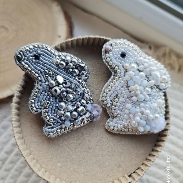 White rabbit pin, Embroidery beaded brooch, Bunny beadwork jewellery