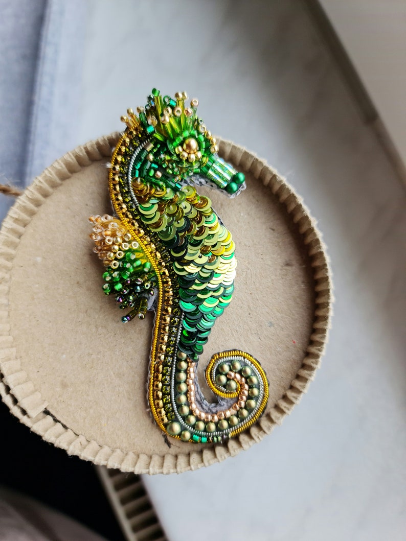 Green Seahorse brooch, Nautical brooch, Seahorse pin, Summer jewelry Green