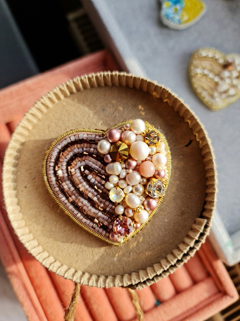 Blushing Love: Pink Heart Beaded Brooch for Women, christmas gifts image 6