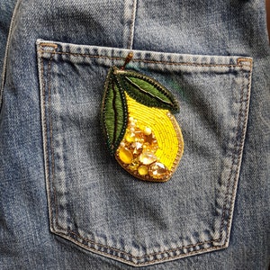 Lemon Beaded Brooch, Embroidered Crystal Fruit Jewelry,  Lemon Graphic Design Gift