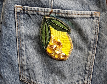 Lemon Beaded Brooch, Embroidered Crystal Fruit Jewelry,  Lemon Graphic Design Gift