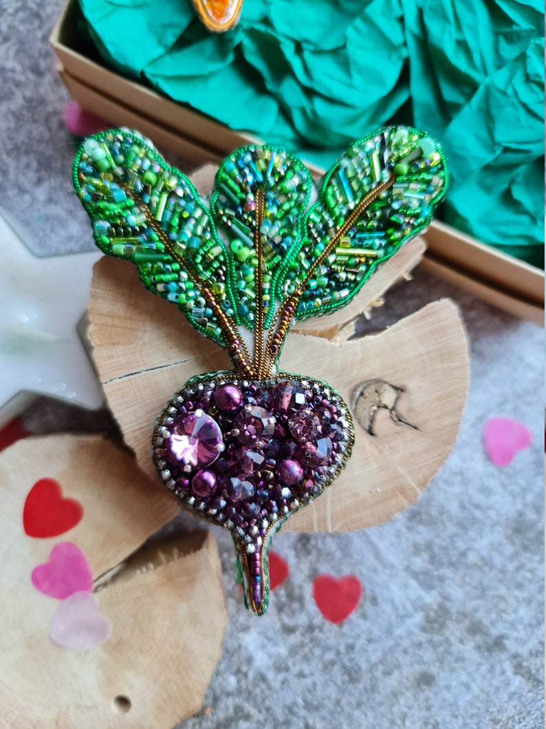 Gift set of vegetables brooch, Purple Beet and Сarrots Crystal Pin Purple beet