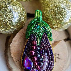 Handmade Purple Eggplant Beaded Brooch Crystal Embroidered Vegetable Pin for Plant Lover image 8