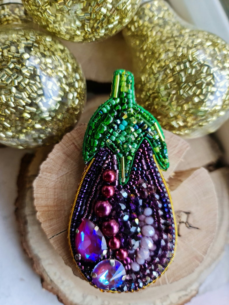 Handmade Purple Eggplant Beaded Brooch Crystal Embroidered Vegetable Pin for Plant Lover image 8