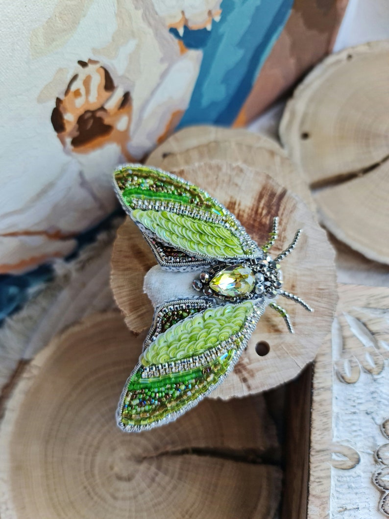 Mystic Green Moth Beaded Brooch: Insect Jewelry, Nature Lover Gift, Unique Lapel Pin Brooch image 9