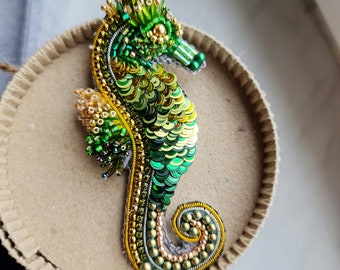 Seahorse bead brooch, holiday brooch, embroider pin, unique holiday gift, gift for her brooch